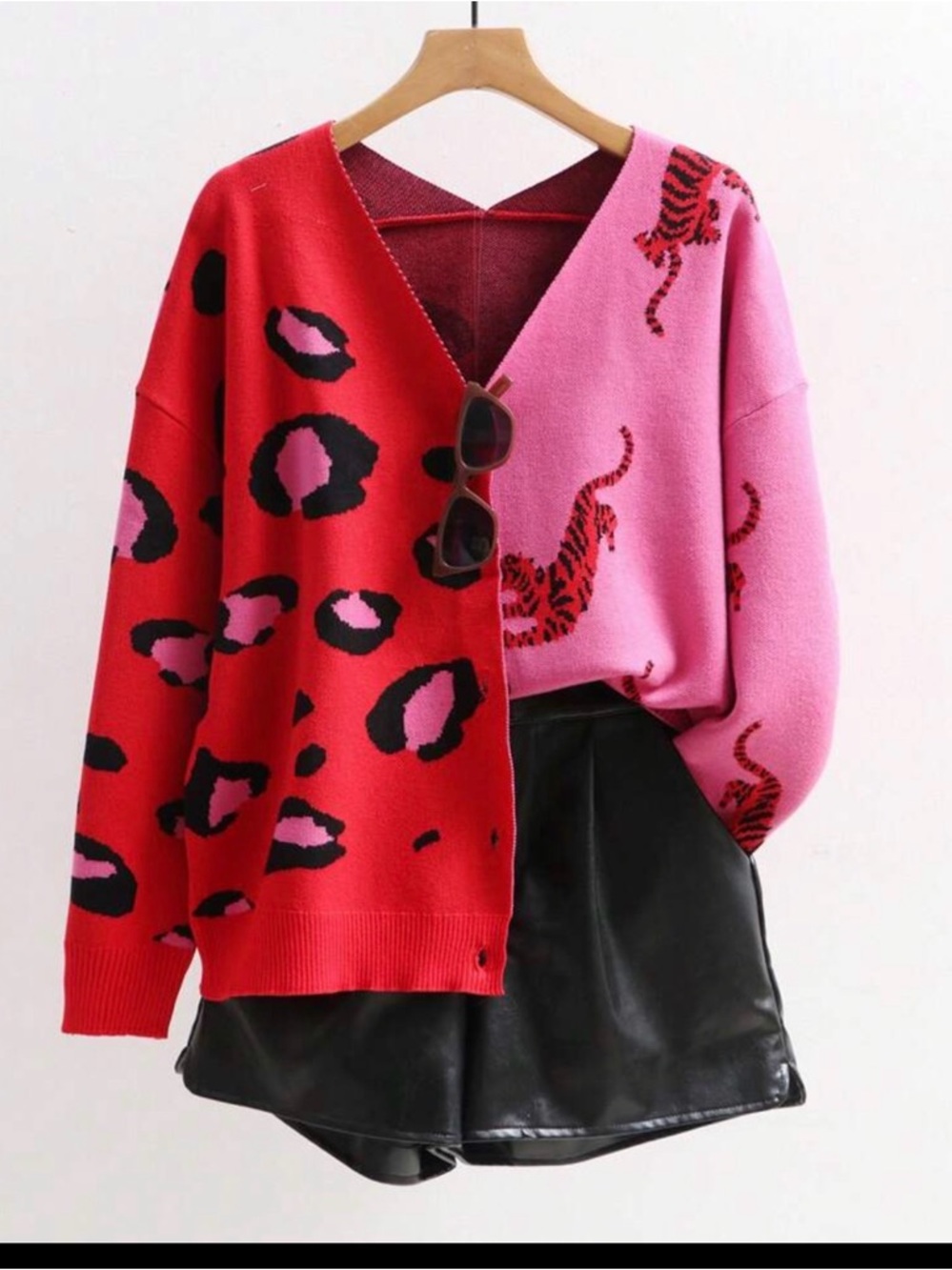 Women’s Two-Tone Pink & Red V-Neck Sweater with Animal Motif